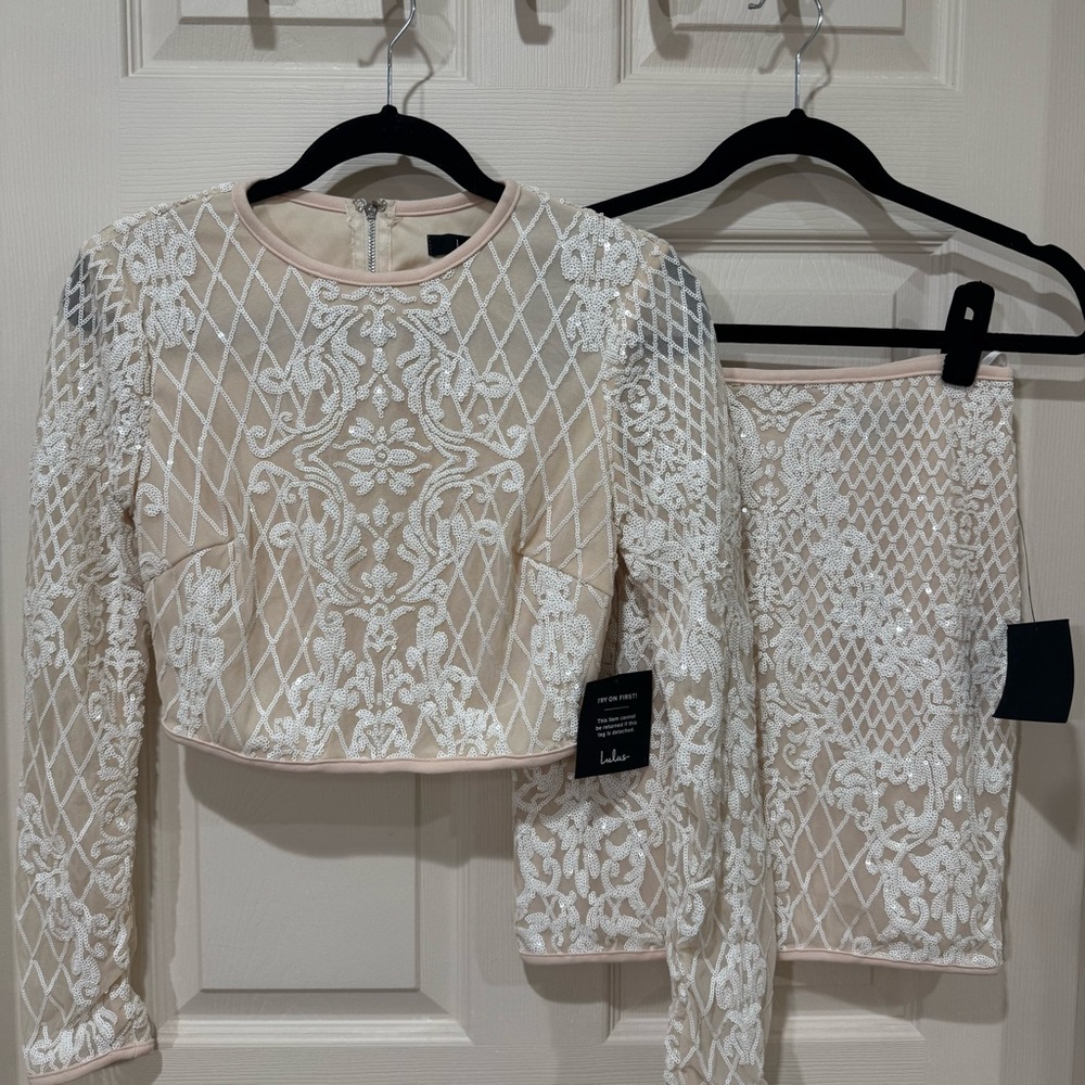 Lulu's Blush Cream Long Sleeve Lace Crop Top & Skirt Set